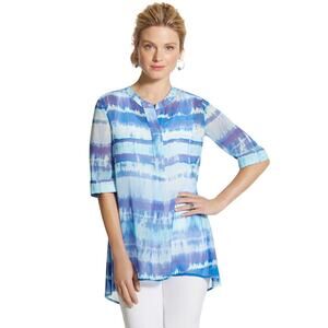 Chico’s Tie-Dye Striped Sheer High Low Jillian Top Tunic Blue Sz 0 (US 4/Small)